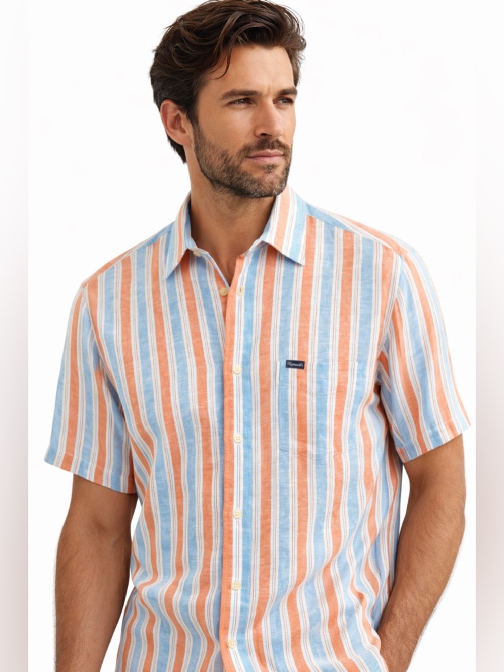 Faconnable 100%‎ Linen Short Sleeve Shirt Striped Front Pocket Mens Medium